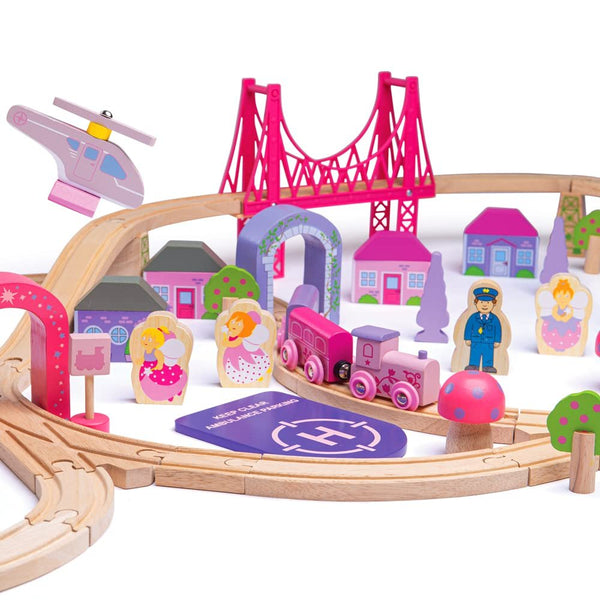 Bigjigs Rail Fairy Town Wooden Train Set – 75-Piece Pastel Wood Railway & Fairytale Village for Kids Age 3+ (Pink Accessories, Houses, Trees & Figures, Educational Gift)