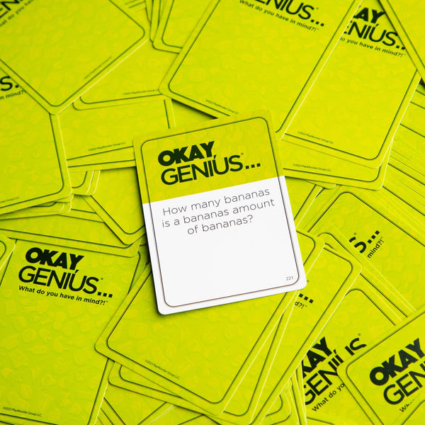 PlayMonster Okay, Genius… What Do You Have in Mind?! – Share Your Opinions on Ridiculous Topics, Funny Family & Friends Party Card Game, 3+ Players, Ages 14+, Includes 300 Prompt Cards & Dry-Erase Board