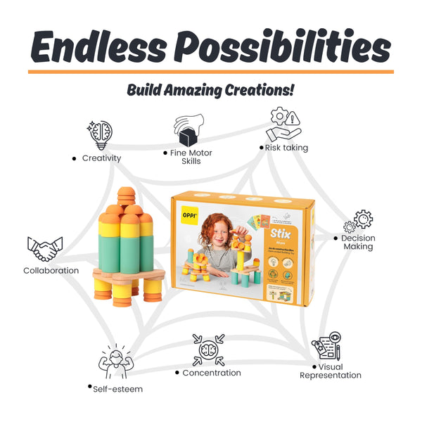 OPPI Stix 108 Pcs Wooden Blocks – Durable Natural Wood Building Blocks for Toddlers & Kids (Ages 2–12) – Open-Ended Creativity, Stacking & Construction Set for Early Learning and STEM Skill Development