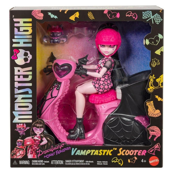 Monster High Draculaura Vamptastic Scooter Doll & Vehicle Playset - 10.5" Fashion Doll with Matching Helmets, Rolling Scooter with Kickstand & Basket, Includes Count Fabulous Pet Bat, Ages 4+