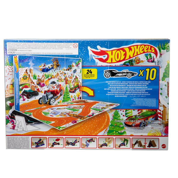 Hot Wheels Toy Cars & Playset, 2025 Advent Calendar with 10 Vehicles in 1:64 Scale, 10 Ornament Clips & 14 Winter-Themed Accessories