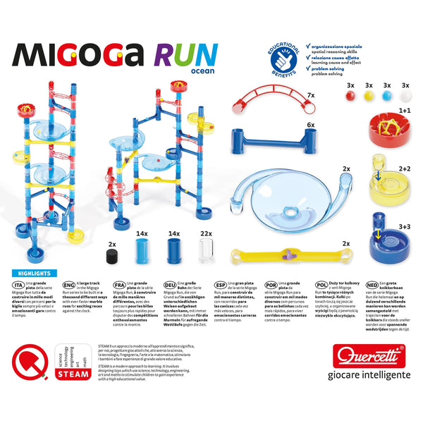 Quercetti - Migoga Run - Ocean - 93pc Marble Ball Run, Track Building Toy, Slide-Bridges-Spirals-Pipes, Colorful STEM Construction Playset, Kids 5+