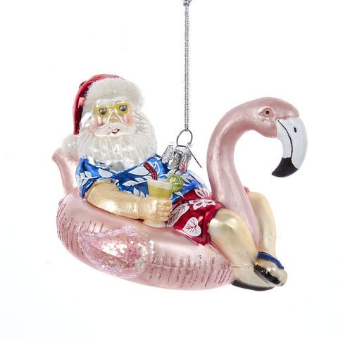 Kurt S. Adler Beach Nautical Themed Glass Ornaments (4.5" Noble Gems Glass Santa with Flamingo Float Ornament NBX0065)