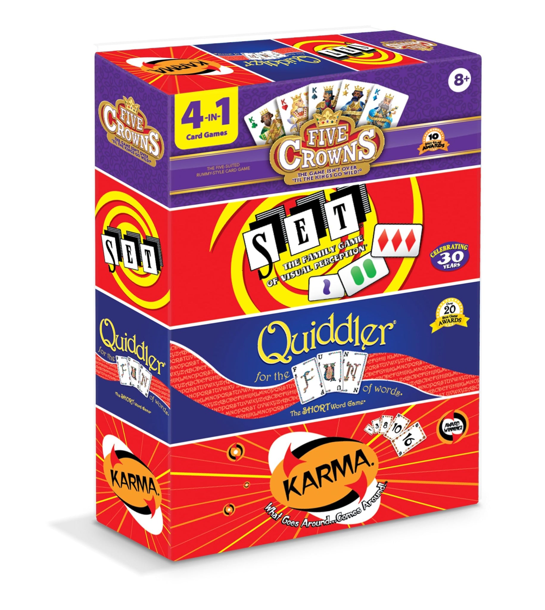 PlayMonster Five Crowns Collection 4-Game Bundle - Five Crowns, SET, Quiddler, and Karma Card Games, 1+ Players Ages 8+