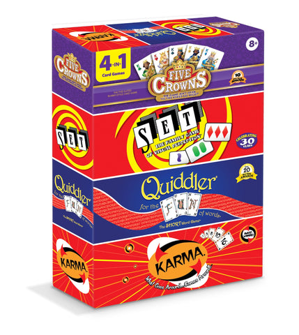 PlayMonster Five Crowns Collection 4-Game Bundle - Five Crowns, SET, Quiddler, and Karma Card Games, 1+ Players Ages 8+
