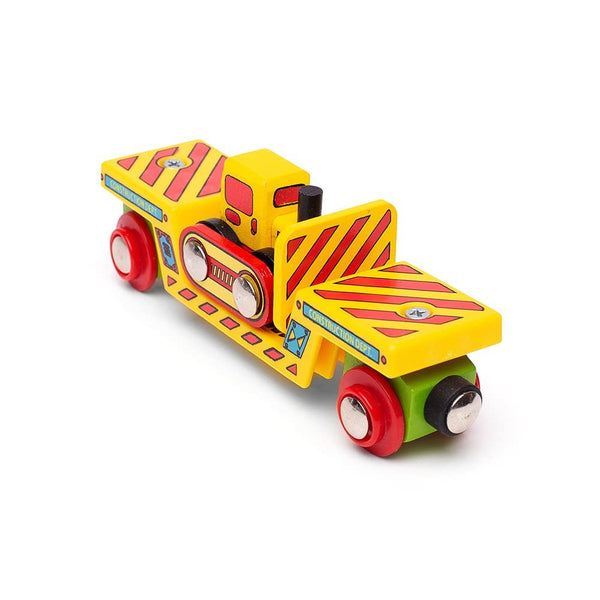 Bigjigs Rail Wooden Bulldozer Low Loader Train Car - Magnetic Construction Toy, Compatible with Most Major Wooden Railway Brands, Includes Detachable Bulldozer & Track Piece, Ages 3+