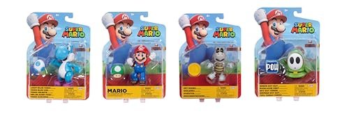 Super Mario Nintendo 4 Inch Action Figure Wave 40 4-Pack, Includes Mario, Dry Bones, Light Blue Yoshi, and Green Shy Guy