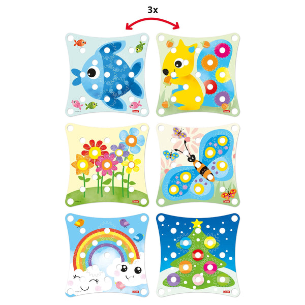 Quercetti Peggy Gears 13-Piece Interactive Cogwheel Construction Toy – Peg Board & Scene Cards – Early STEM, Fine Motor Skills & Cause-Effect Learning for Toddlers & Preschoolers, Ages 2+