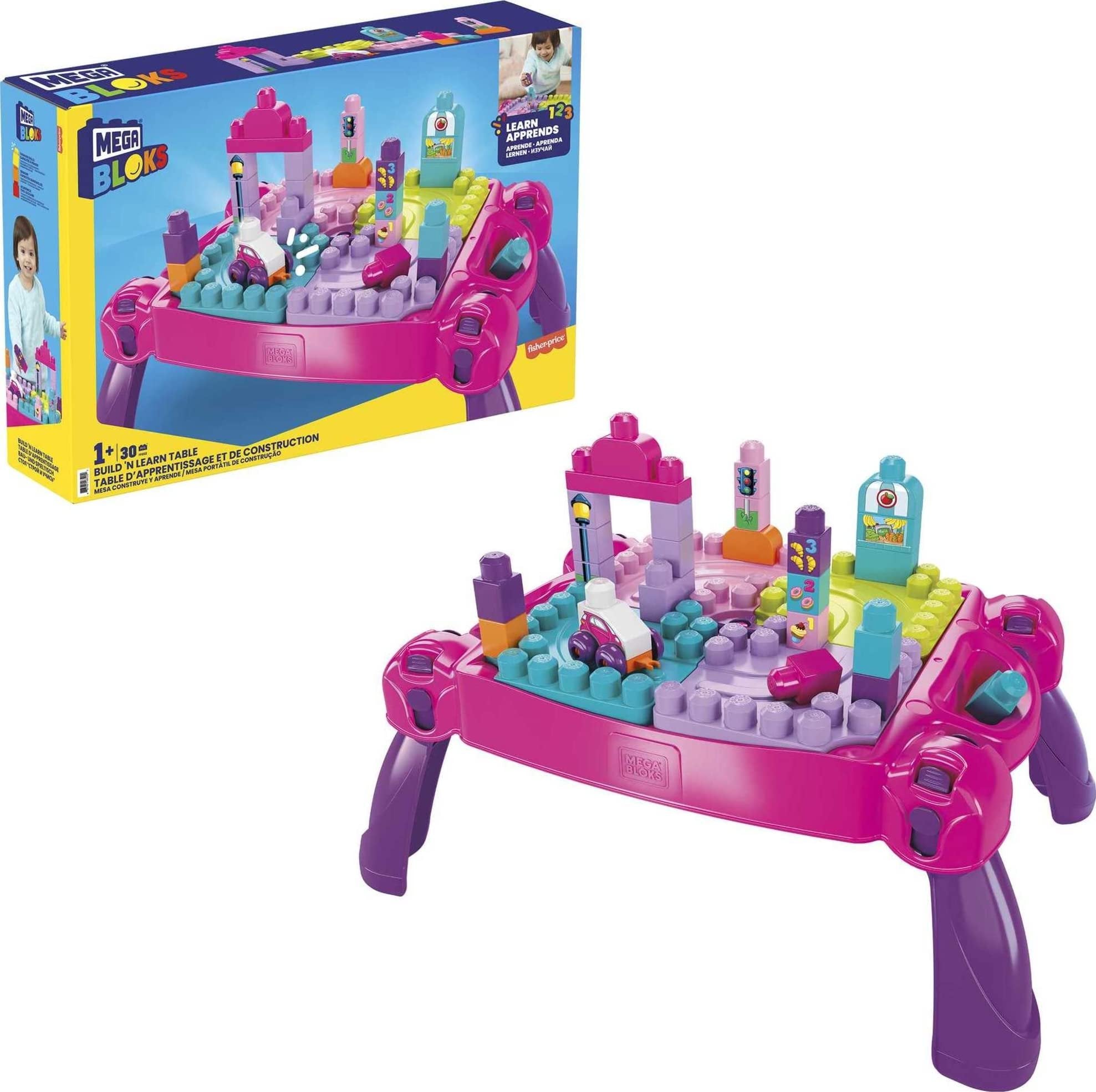 MEGA BLOKS First Builders Toddler Blocks Toy Set, Build ‘n Learn Activity Table with 30 Pieces and Storage, Pink, Ages 1+ Years