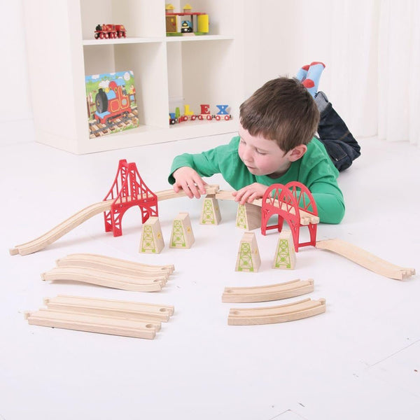 Bigjigs Rail Bridge Expansion Set - 25pc Wooden Train Track Expansion Pack for Train Sets, Quality Bigjigs Train Accessories, Compatible with Most Major Wooden Railway Brands