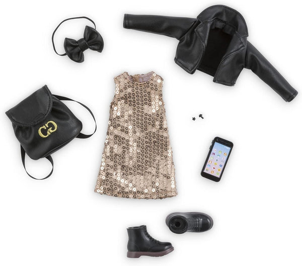 Corolle Girls Party Dressing Room Outfit Set for 11-Inch Fashion Dolls, 7-Piece Doll Clothes and Accessories, Gold Dress, Boots, Backpack, Ages 4+