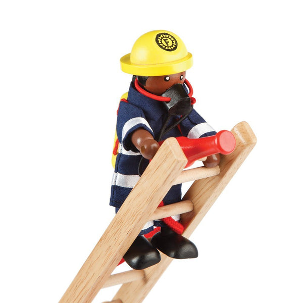 Tidlo Firefighter Set, Navy – 4-Piece Wooden Firefighter Figures Playset with Axe, Megaphone, Fire Extinguisher & Breathing Gear – Poseable Rescue Toy for Kids Age 3+