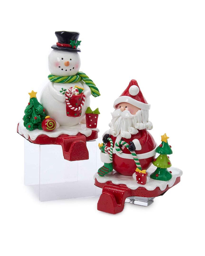 Kurt Adler Claydough Santa and Snowman Shiny Glaze Finish Stocking Hangers with Felt Bottom and Front Hook for Hanging Christmas Stockings (2 Pack)