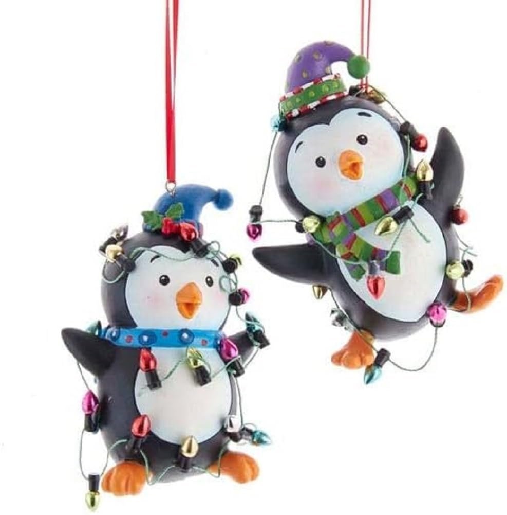 Kurt S. Adler 3.25-Inch Black and White Penguins With Colored Lights Christmas Ornaments, 2 Piece Set