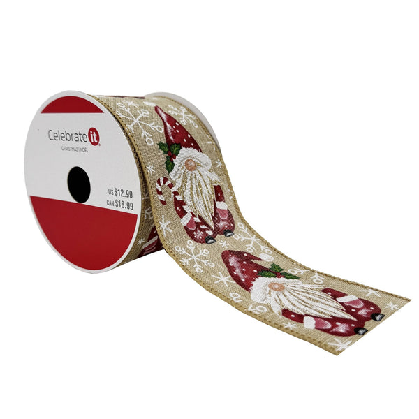 2.5" x 20ft. Christmas Gnomes Wired Faux Linen Ribbon by Celebrate It® - Christmas Ribbons for Crafting and Home Decor