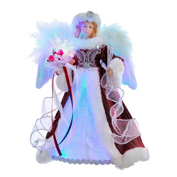 Kurt S. Adler 12″ 7-Light Color-Changing LED Fiber-Optic Angel Tree Topper – Silver & Burgundy Gown, Feather Wings, Pre-Lit Christmas Treetop (AD2003)