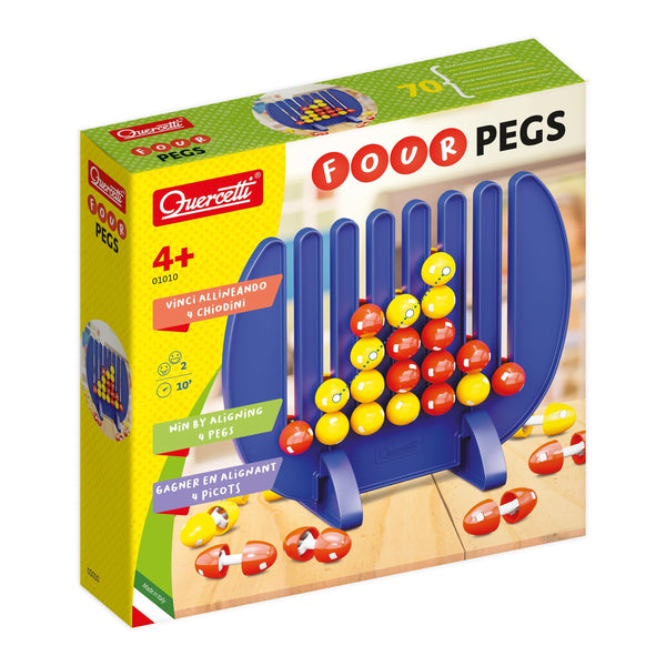 Quercetti Four Pegs – Classic 2-Player Four-in-a-Row Strategy Game, Includes 42 Colored Pegs & Grid, Family Board Game for Kids & Adults, Ages 4+