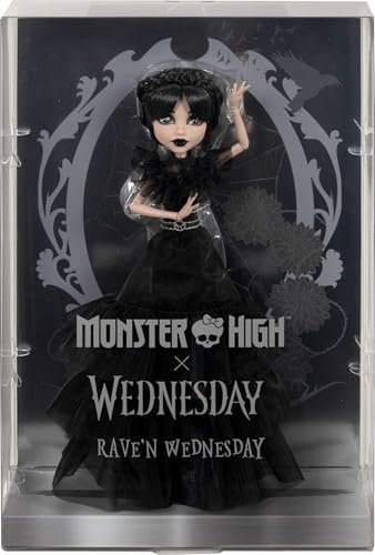 Monster High Wednesday Doll, Rave’N Wednesday Collectible in Black Gothic Gown Inspired by Dance Scene, Premium Accessories and Doll Stand