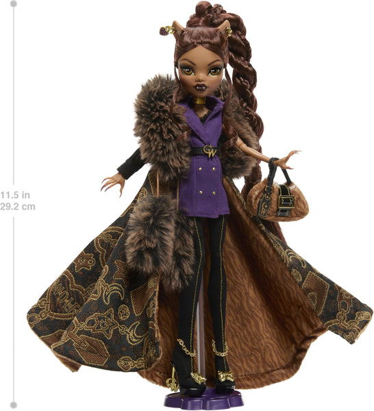 Monster High Doll, Clawdeen Wolf House of Wolf Collectible with Faux Fur Jacquard Coat, Purple Blazer Dress, Pantaboots and Golden Accessories