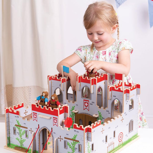 Bigjigs Toys King George’s Castle Wooden Toy – Slot-Together Medieval Castle Playset with Working Drawbridge, Doors & Balconies – Educational Fantasy Role Play Gift for Kids Age 3+