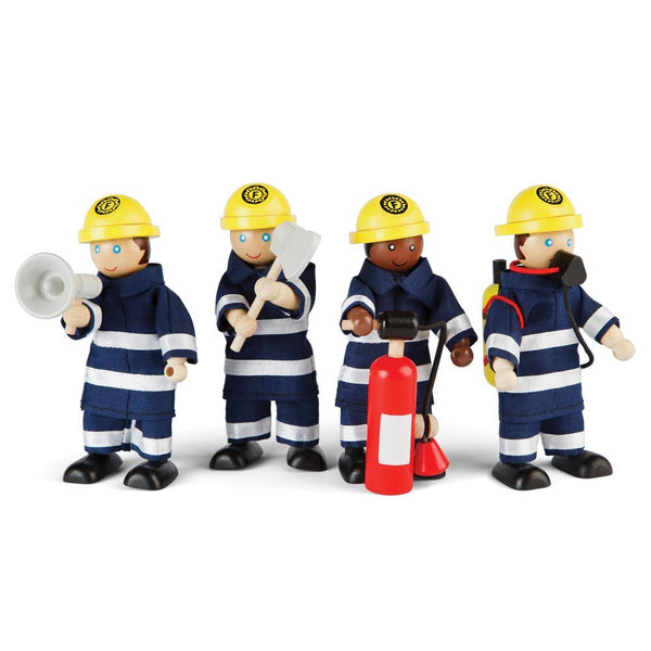 Tidlo Firefighter Set, Navy – 4-Piece Wooden Firefighter Figures Playset with Axe, Megaphone, Fire Extinguisher & Breathing Gear – Poseable Rescue Toy for Kids Age 3+