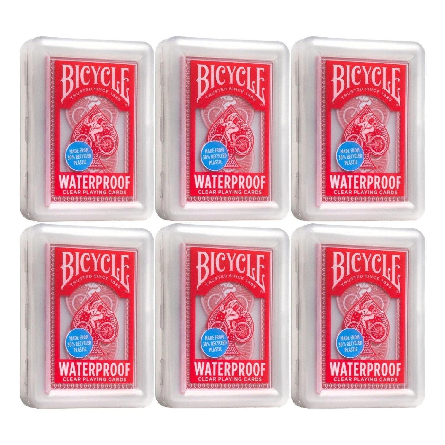 Bicycle Waterproof Clear Playing Cards - 6-Pack of Red Rider Back Plastic Decks, 30% Recycled Material, Rinseable, Perfect for Pool, Beach, Camping & Party Games