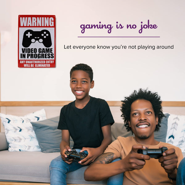 Warning Video Game in Progress - Easy-to-Hang Wall Decor - Fun Tin Signs for Man Cave & Dorm Room - Metal Garage & Man Cave Signs