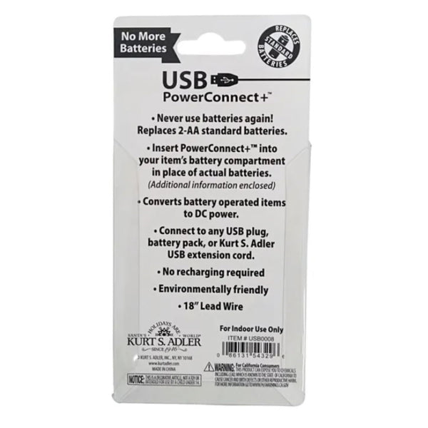 Kurt Adler USB PowerConnect+ 2 "AA Battery Converter, 18-Inch Lead Wire, Indoor Use Only