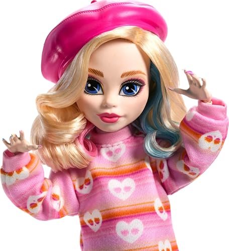 Monster High Wednesday Doll and Accessories, Enid Sinclair Collectible in Pink Fashion with Beret and Backpack, Doll Stand