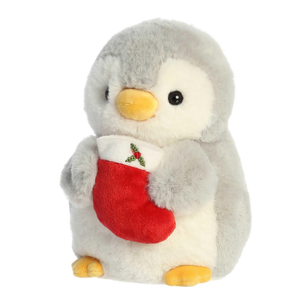 Aurora® Festive Pompom Penguin™ Pompom™ with Stocking Stuffed Animal - Vibrant Companions - Endless Fun - Gray 8 Inches