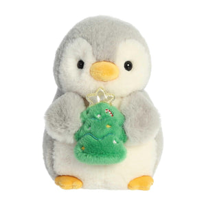 Aurora® Festive Pompom Penguin™ Pompom™ with Christmas Tree Stuffed Animal - Vibrant Companions - Endless Fun - Gray 8 Inches