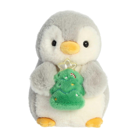 Aurora® Festive Pompom Penguin™ Pompom™ with Christmas Tree Stuffed Animal - Vibrant Companions - Endless Fun - Gray 8 Inches