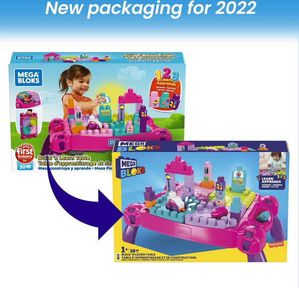 MEGA BLOKS First Builders Toddler Blocks Toy Set, Build ‘n Learn Activity Table with 30 Pieces and Storage, Pink, Ages 1+ Years