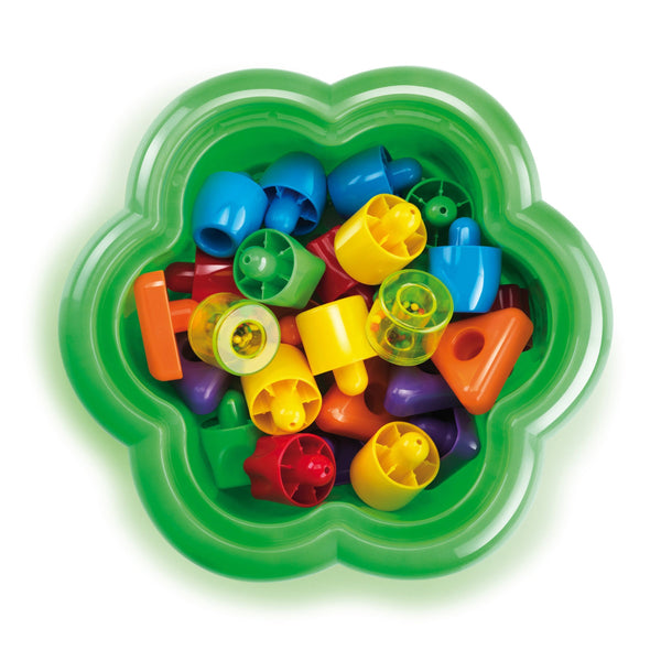 Quercetti Chunky Peggy 28-Piece Peg Blocks Stacking Toy – Jumbo Shape Sorting & Stacking Set for Babies & Toddlers 1+ with Built-in Daisy Basket Storage & 2 Rattles