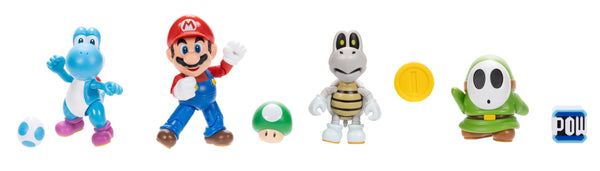 Super Mario Nintendo 4 Inch Action Figure Wave 40 4-Pack, Includes Mario, Dry Bones, Light Blue Yoshi, and Green Shy Guy