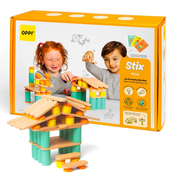 OPPI Stix 108 Pcs Wooden Blocks – Durable Natural Wood Building Blocks for Toddlers & Kids (Ages 2–12) – Open-Ended Creativity, Stacking & Construction Set for Early Learning and STEM Skill Development