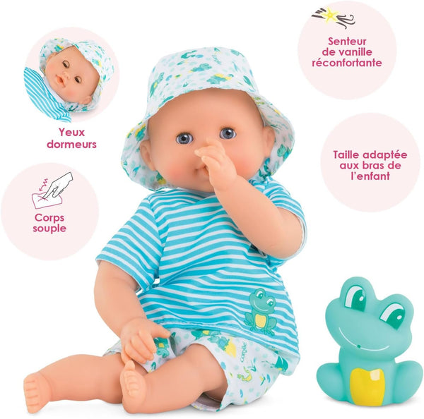 Corolle Bebe Bath Marin Baby Doll - 12" Soft-Body with Rubber Frog Toy, Safe for Water Play in Bathtub or Pool, Vanilla-Scented - for Kids sges 18 Months and up