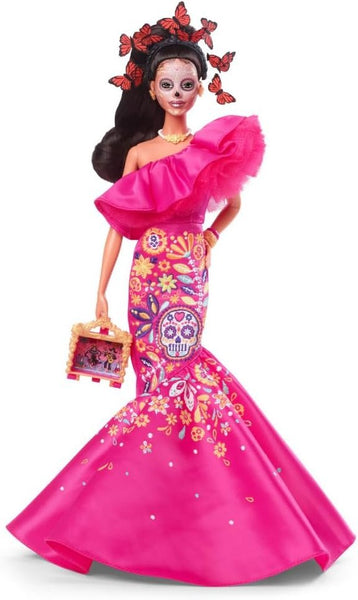 Barbie Signature Doll, 2023 Dia de Muertos Collectible Wearing Ruffled Pink Gown, Holding Tiny Ofrenda, Doll Stand