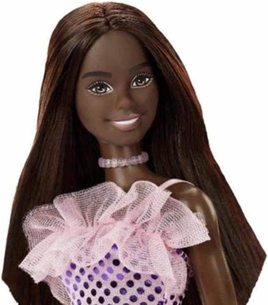 Barbie® Doll, Kids Toys, Dark Brown Hair, Pink Metallic Dress, Trendy Clothes and Accessories, Gifts for Kids