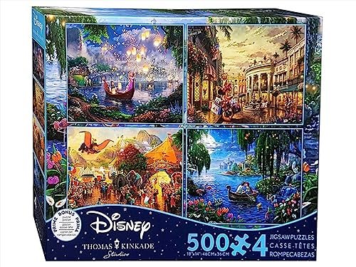 Ceaco - 4 in 1 Multipack - Thomas Kinkade - Disney Dreams Collection - Tangled, Mickey and Minnie Mouse, Dumbo, & The Little Mermaid - (4) 500 Piece Jigsaw Puzzles , Blue