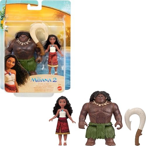 Mattel Disney Moana 2 Toys, Moana & Maui Ocean Adventures 2-Pack with 2 Small Dolls & Hook Accessory, Inspired by The Movie