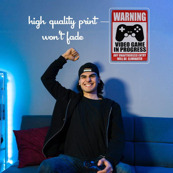 Warning Video Game in Progress - Easy-to-Hang Wall Decor - Fun Tin Signs for Man Cave & Dorm Room - Metal Garage & Man Cave Signs