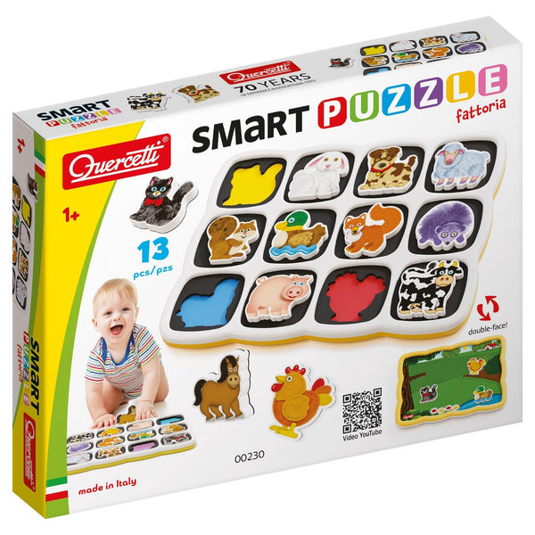 Quercetti - Smart Puzzle Farm - Two-Sided Magnetic Puzzle with 13 Farm Animal Shapes