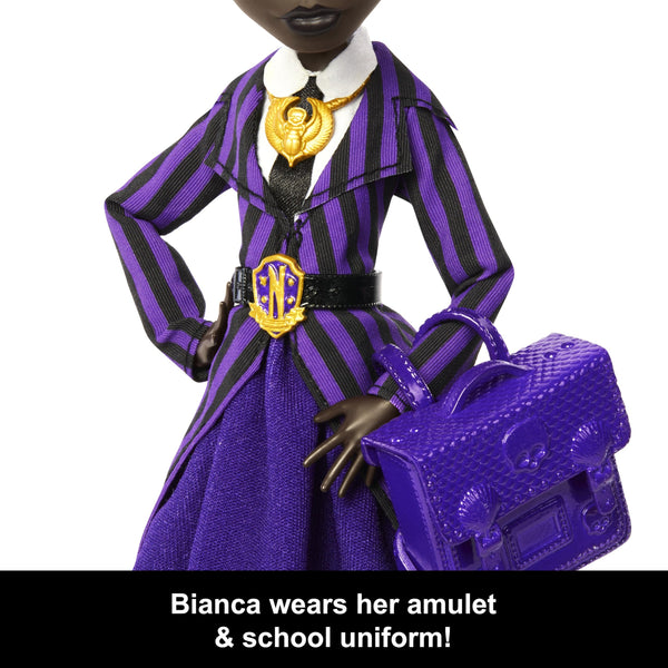 Monster High x Wednesday Doll and Accessories, Bianca Barclay Collectible in Nevermore Academy Uniform with Siren Amulet, Backpack and Doll Stand