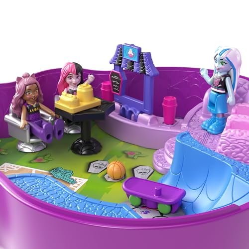 Polly Pocket Monster High Playset with 3 Micro Dolls & 10 Accessories, Opens to High School, Collectible Travel Toy with Storage