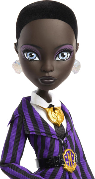 Monster High x Wednesday Doll and Accessories, Bianca Barclay Collectible in Nevermore Academy Uniform with Siren Amulet, Backpack and Doll Stand