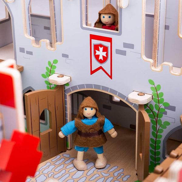 Bigjigs Toys King George’s Castle Wooden Toy – Slot-Together Medieval Castle Playset with Working Drawbridge, Doors & Balconies – Educational Fantasy Role Play Gift for Kids Age 3+