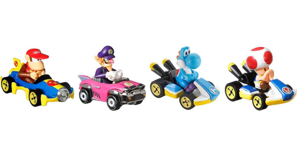 Hot Wheels Mario Kart Die-Cast Vehicle 4-Pack (GXX98), Collectible Set of 4 Fan-Favorite Characters includes First-Appearance Diddy Kong in Mach 8