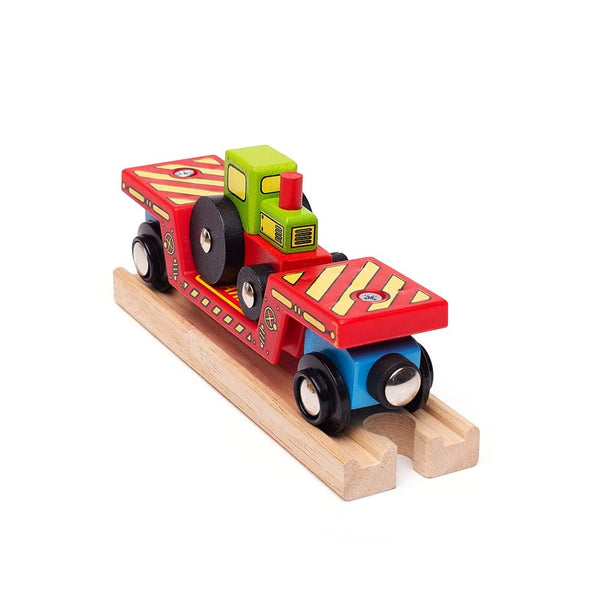 Bigjigs Rail Wooden Tractor Low Loader Train Car - Magnetic Construction Toy, Compatible with Most Major Wooden Railway Brands, Includes Detachable Tractor & Track Piece, Ages 3+