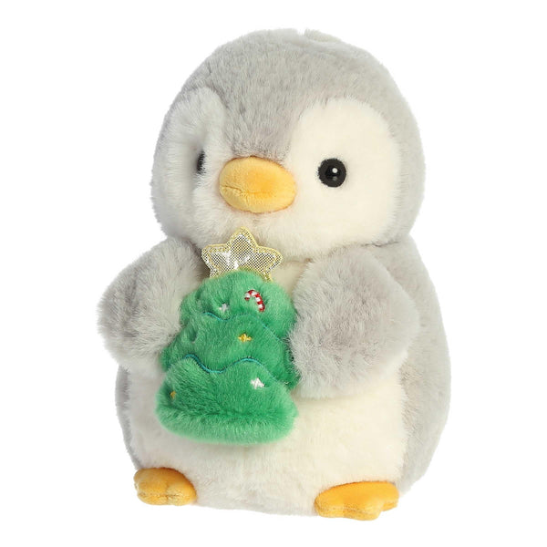 Aurora® Festive Pompom Penguin™ Pompom™ with Christmas Tree Stuffed Animal - Vibrant Companions - Endless Fun - Gray 8 Inches